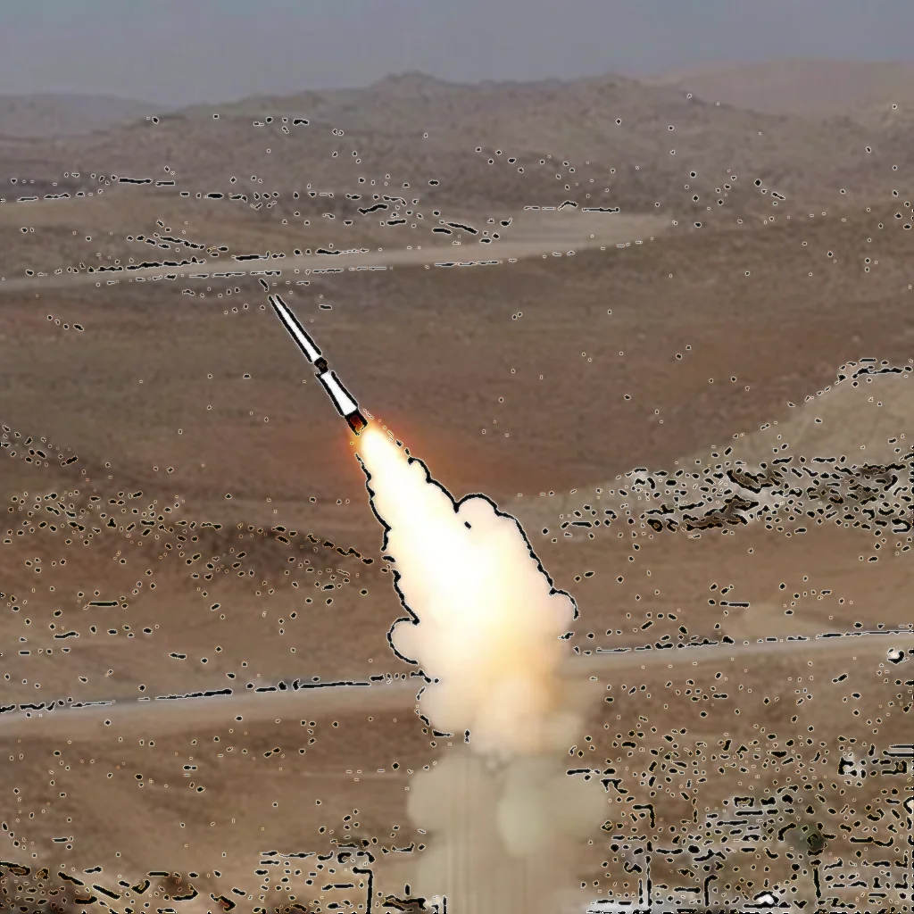 Artistic representation for Houthi missile reaches central Israel for first time , no injuries reported.