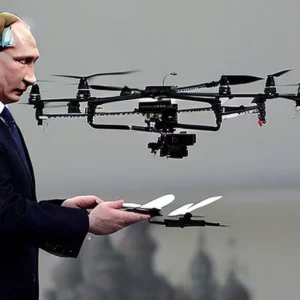 Artistic representation for Russia aims to increase drone production tenfold in 2024 , Putin claims.