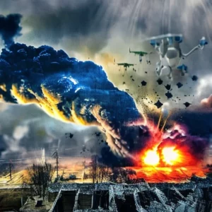 Artistic representation for Ukraine hits Russia with massive drone attack on military depot in Toropets , causing huge explosions.