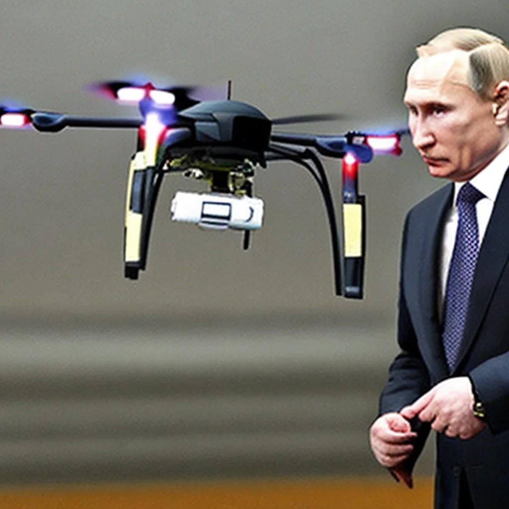 Artistic representation for Putin says Russia is ramping up drone production tenfold.