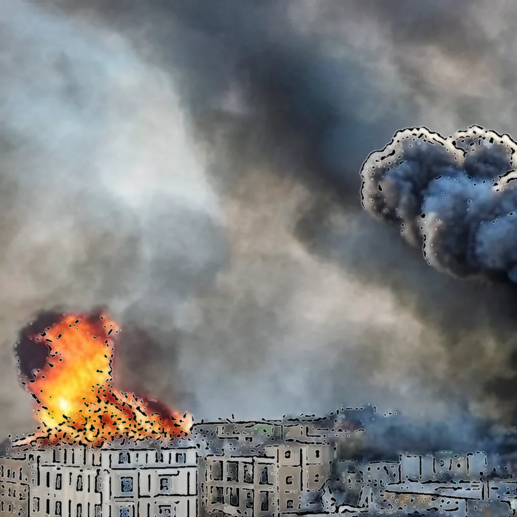 Artistic representation for Ukraine drone attack in Russia sparks fire and chaos