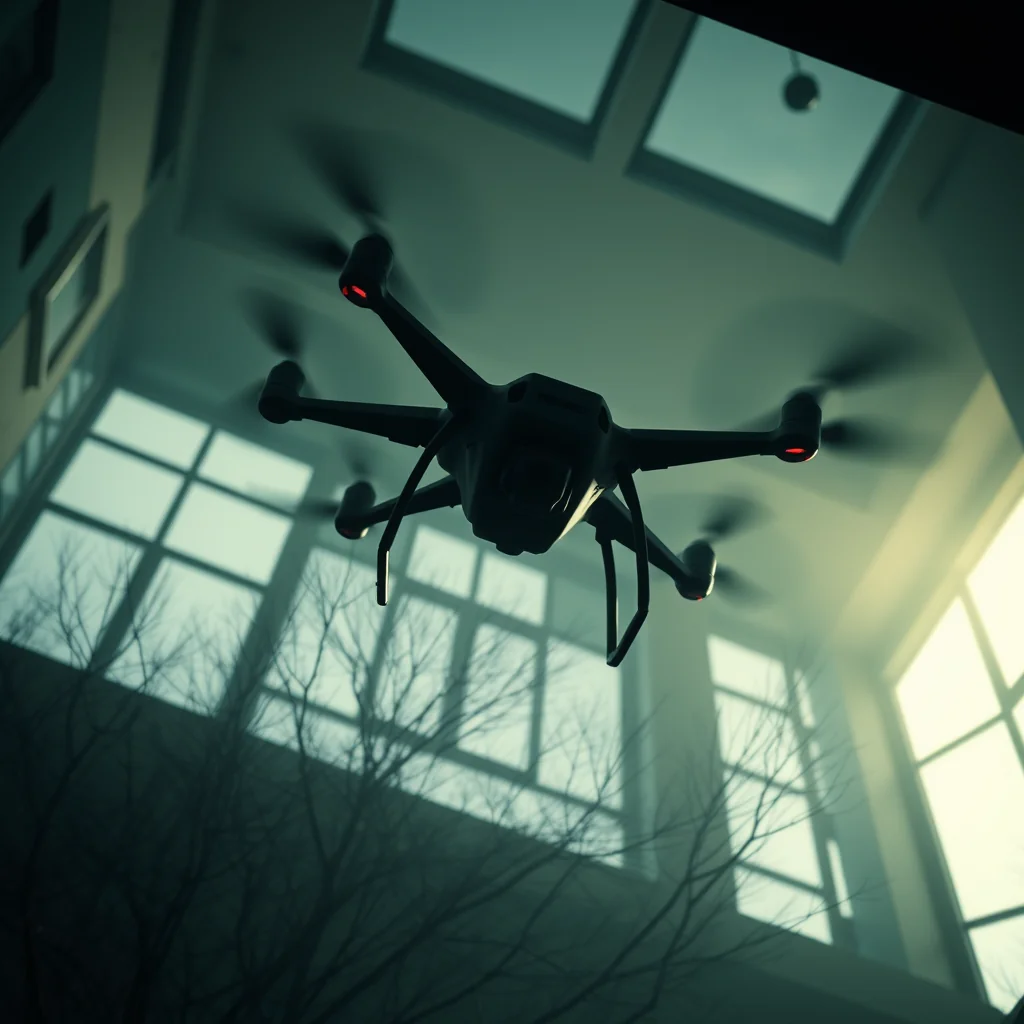 Artistic representation for Ukrainian drone chase: inside a building, russian fighter eyes horror movie tension