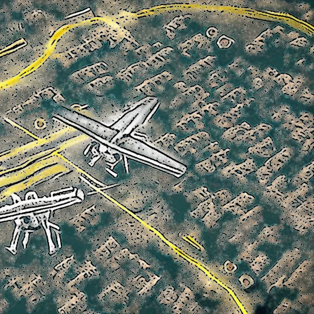Artistic representation for Ukrainian drones strike major military depot in Russian town.
