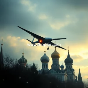 Artistic representation for Ukraine's massive drone strike on moscow: interception by russia amid escalating tensions.