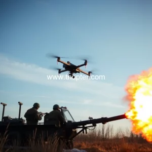 Artistic representation for Russian forces test flying flamethrower to target Ukrainian firedrones