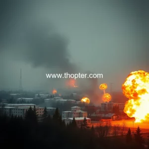 Artistic representation for Russians attack 12 communities in Sumy Oblast with about 200 explosions in recorded in one day