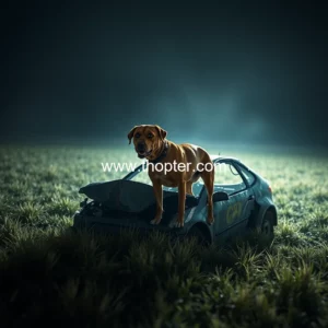 Artistic representation for Dog that escaped car crash found in dark field using drone technology