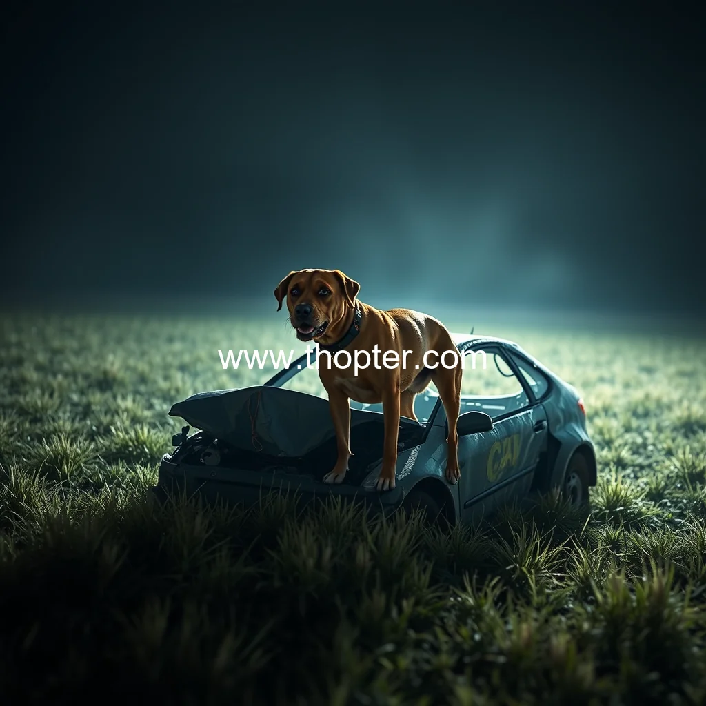 Artistic representation for Dog that escaped car crash found in dark field using drone technology