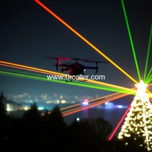 Artistic representation for Holiday hazards : Laser lights drone shows can cause danger for helicopter pilots