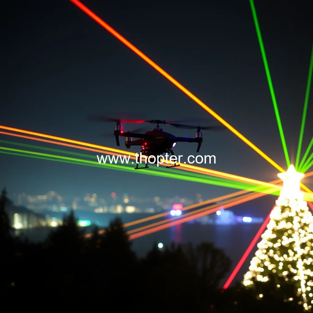 Artistic representation for Holiday hazards : Laser lights drone shows can cause danger for helicopter pilots