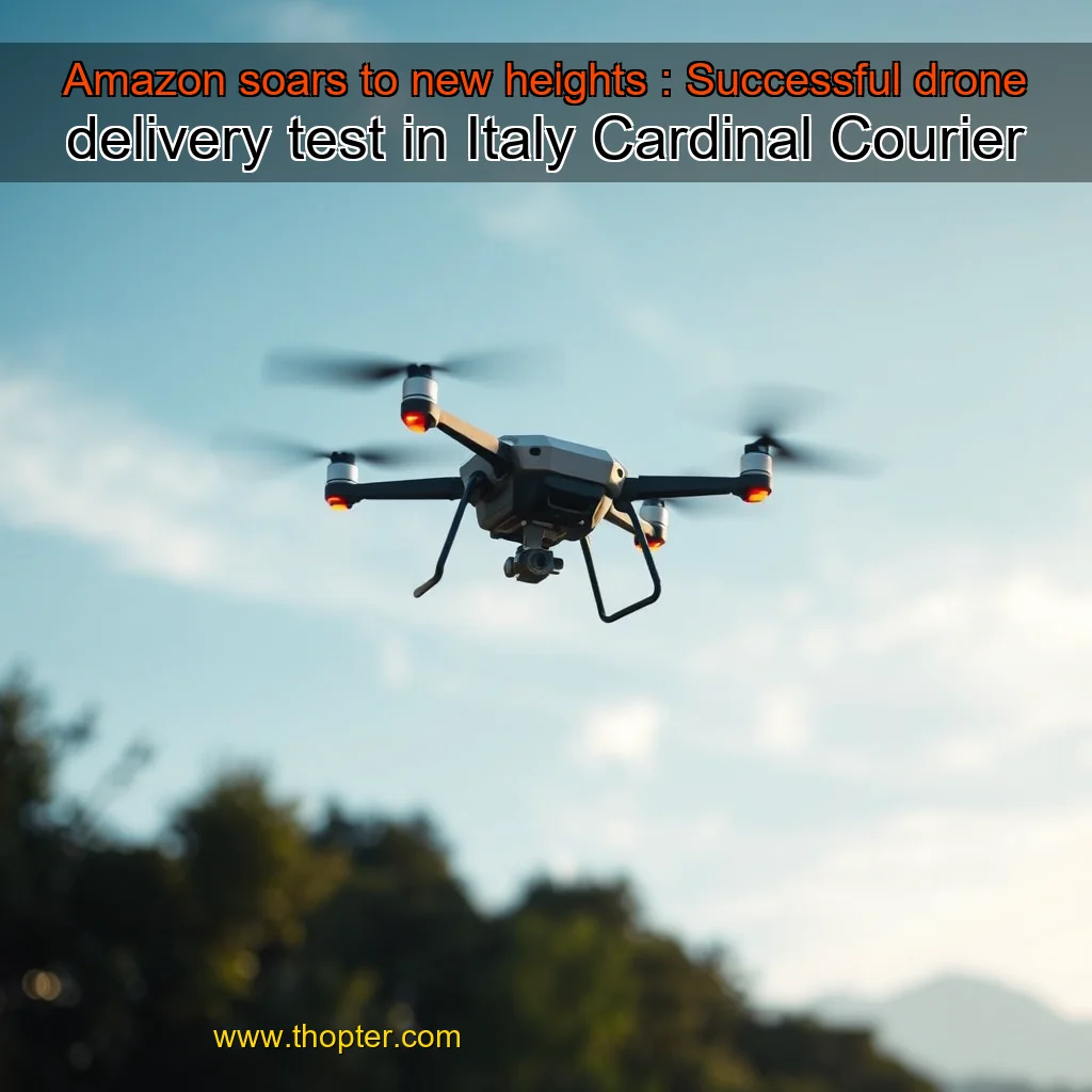 Artistic representation for Amazon soars to new heights : Successful drone delivery test in Italy Cardinal Courier