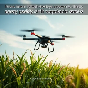 Artistic representation for Drone maker IoTech develops process to directly spray paddy chilli vegetable seeds