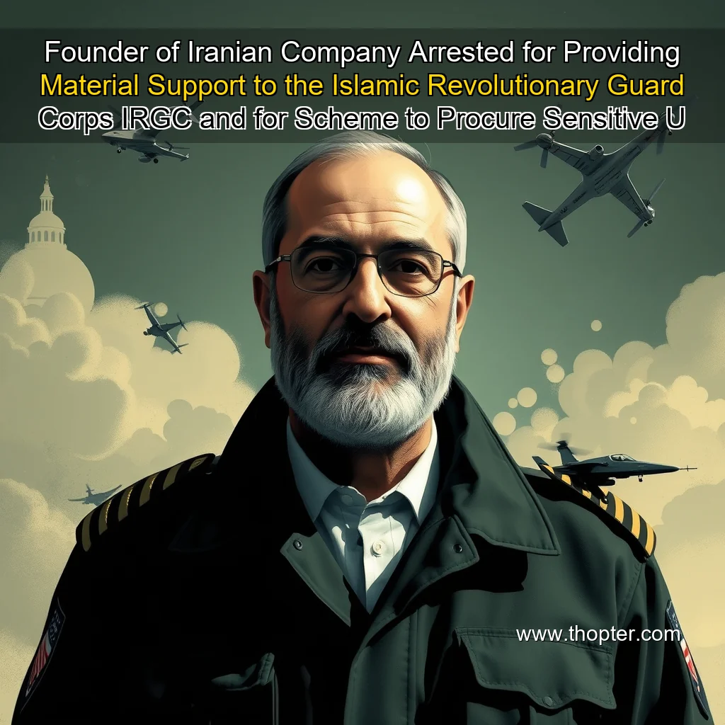 Artistic representation for Founder of Iranian Company Arrested for Providing Material Support to the Islamic Revolutionary Guard Corps IRGC and for Scheme to Procure Sensitive U S Technology for Use in IRGC Military Drones One of Which Killed Three U S Serviceme