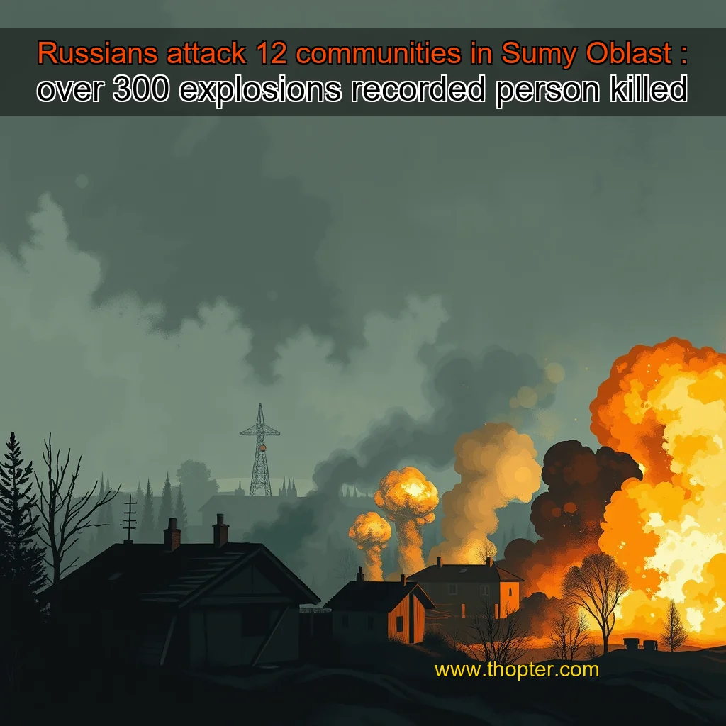 Artistic representation for Russians attack 12 communities in Sumy Oblast : over 300 explosions recorded person killed