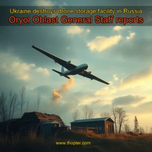 Artistic representation for Ukraine destroys drone storage facility in Russia Oryol Oblast General Staff reports