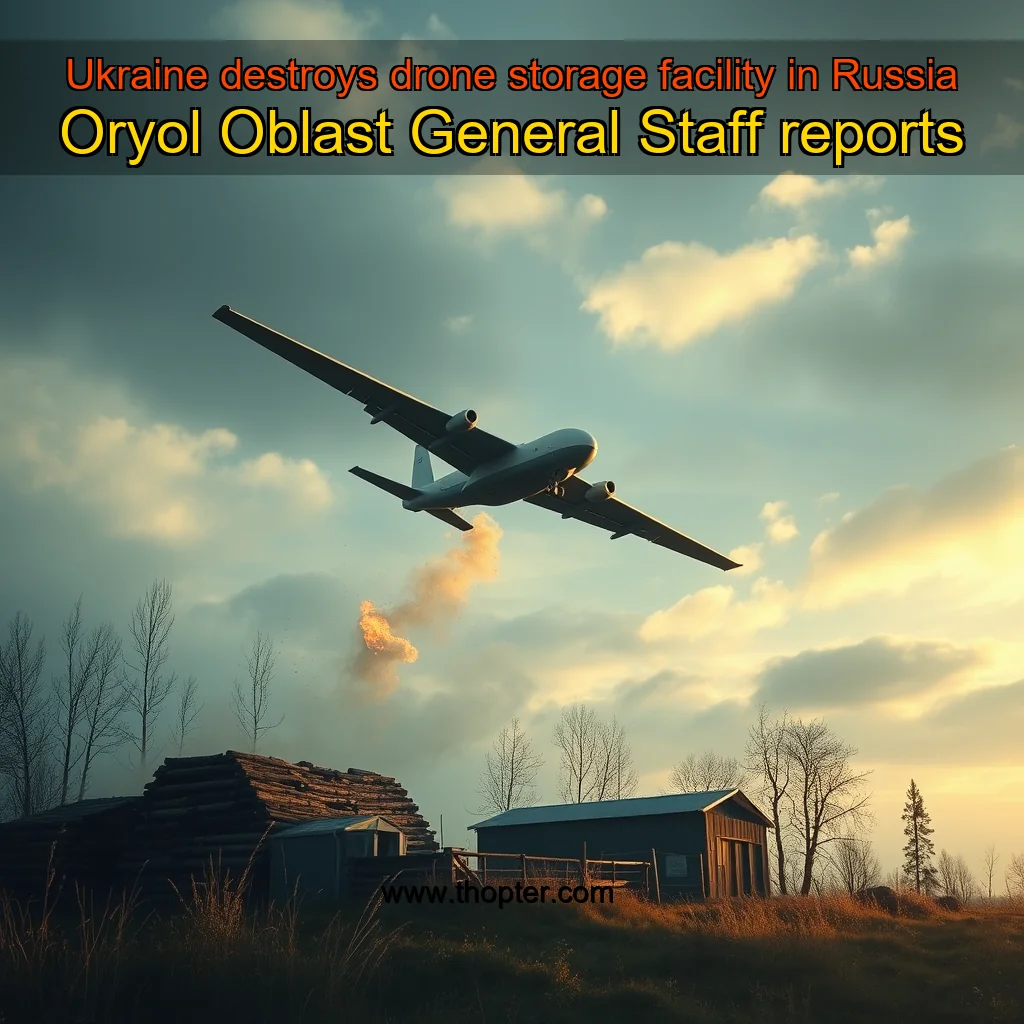Artistic representation for Ukraine destroys drone storage facility in Russia Oryol Oblast General Staff reports