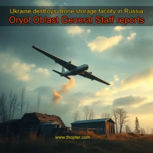 Artistic representation for Ukraine destroys drone storage facility in Russia Oryol Oblast General Staff reports
