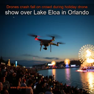 Artistic representation for Drones crash fall on crowd during holiday drone show over Lake Eloa in Orlando
