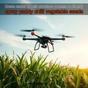 Artistic representation for Drone maker IoTech develops process to directly spray paddy chilli vegetable seeds
