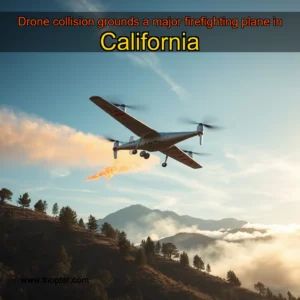 Artistic representation for Drone collision grounds a major firefighting plane in California