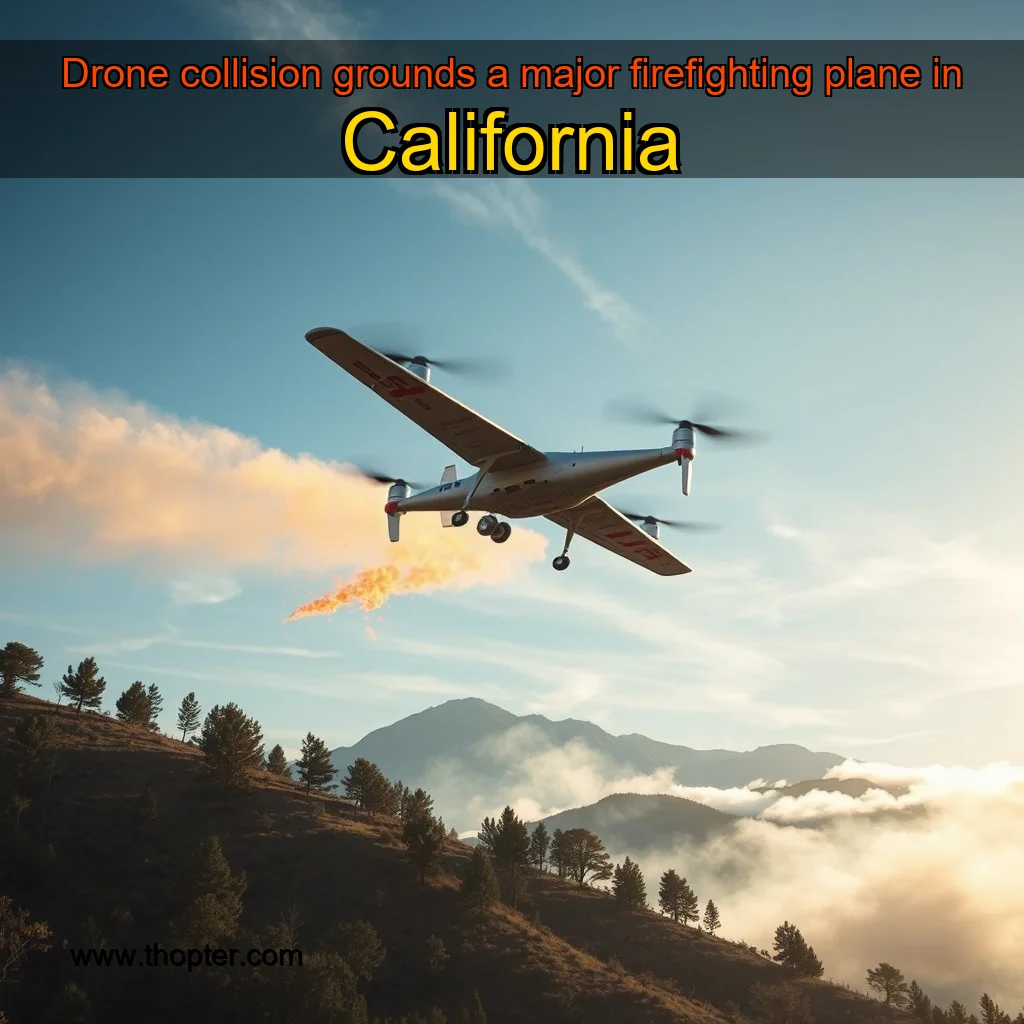 Artistic representation for Drone collision grounds a major firefighting plane in California