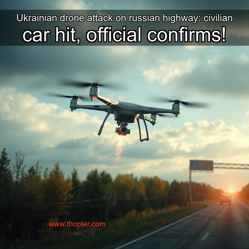 Artistic representation for Ukrainian drone attack on russian highway: civilian car hit, official confirms!