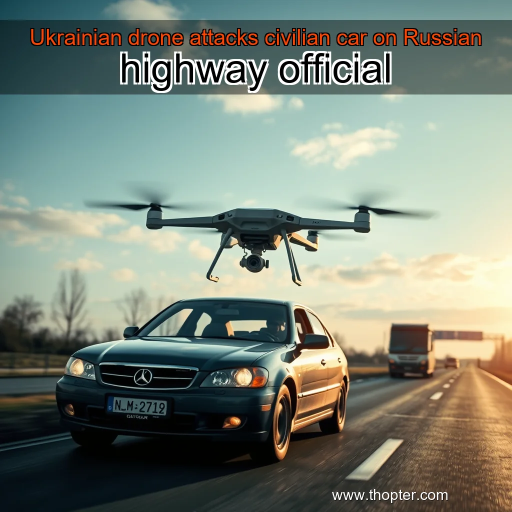 Artistic representation for Ukrainian drone attacks civilian car on Russian highway official
