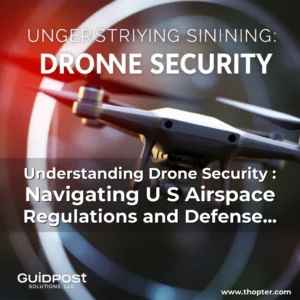 Artistic representation for Understanding Drone Security : Navigating U S Airspace Regulations and Defense Strategies Guidepost Solutions LLC