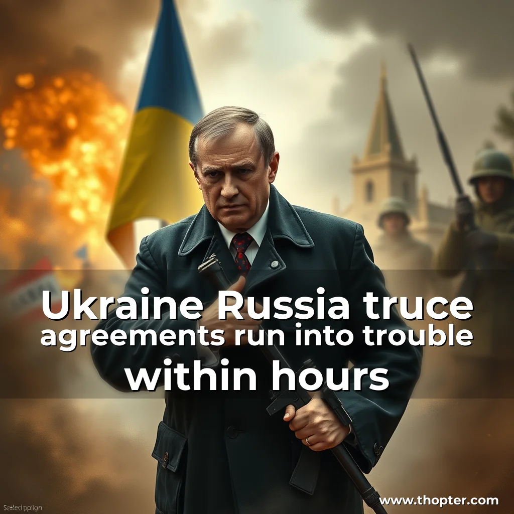 Artistic representation for Ukraine Russia truce agreements run into trouble within hours